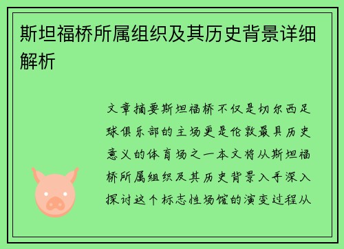 斯坦福桥所属组织及其历史背景详细解析