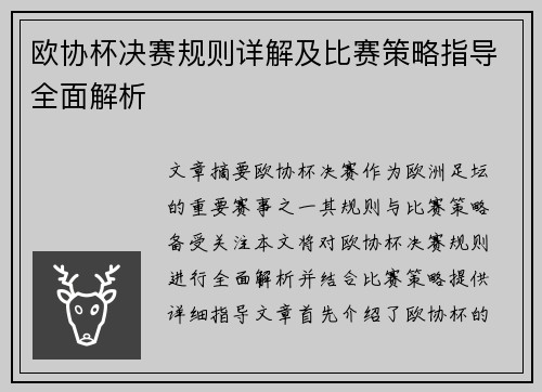 欧协杯决赛规则详解及比赛策略指导全面解析