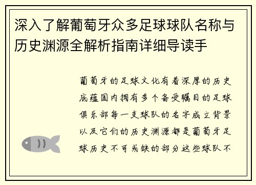 深入了解葡萄牙众多足球球队名称与历史渊源全解析指南详细导读手